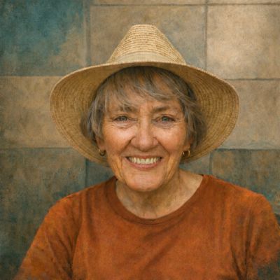 Portrait of Hester, the author of The Braided Echo, smiling and wearing a straw hat