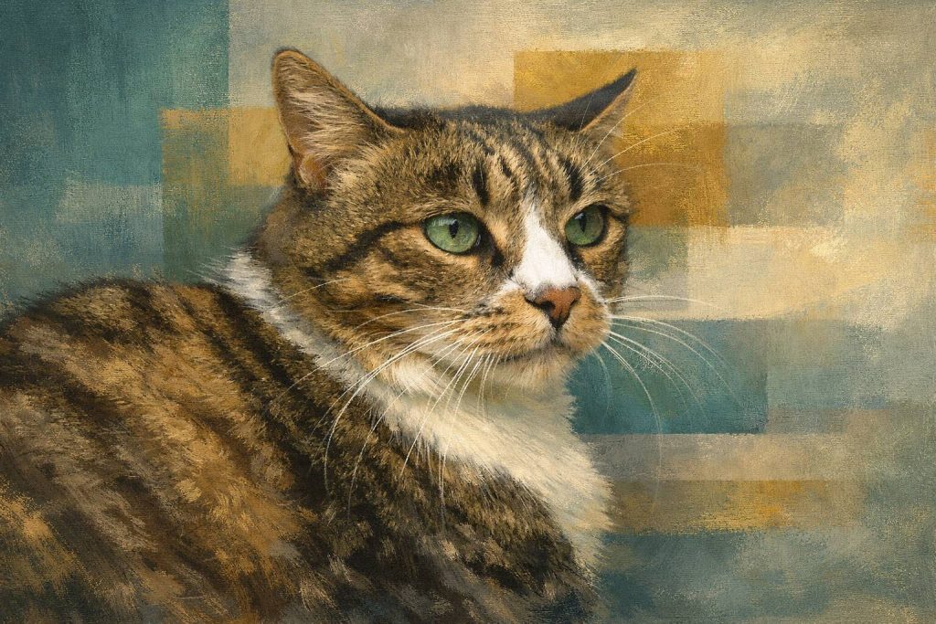 Gestilleerde foto van 'n bruin en wit huiskat